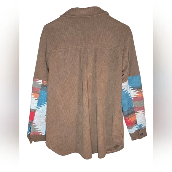 Brown Corduroy Jacket with Aztec Patterned Sleeves, L, Oversized, Western - Picture 2 of 9